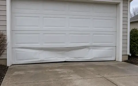 The bottom panels of a garage door dented inward at bumper height